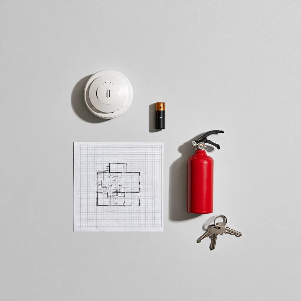 Overhead view of home fire-safety items: a smoke detector, a spare battery, a fire extinguisher, a hand-drawn floor plan on graph paper, and house keys