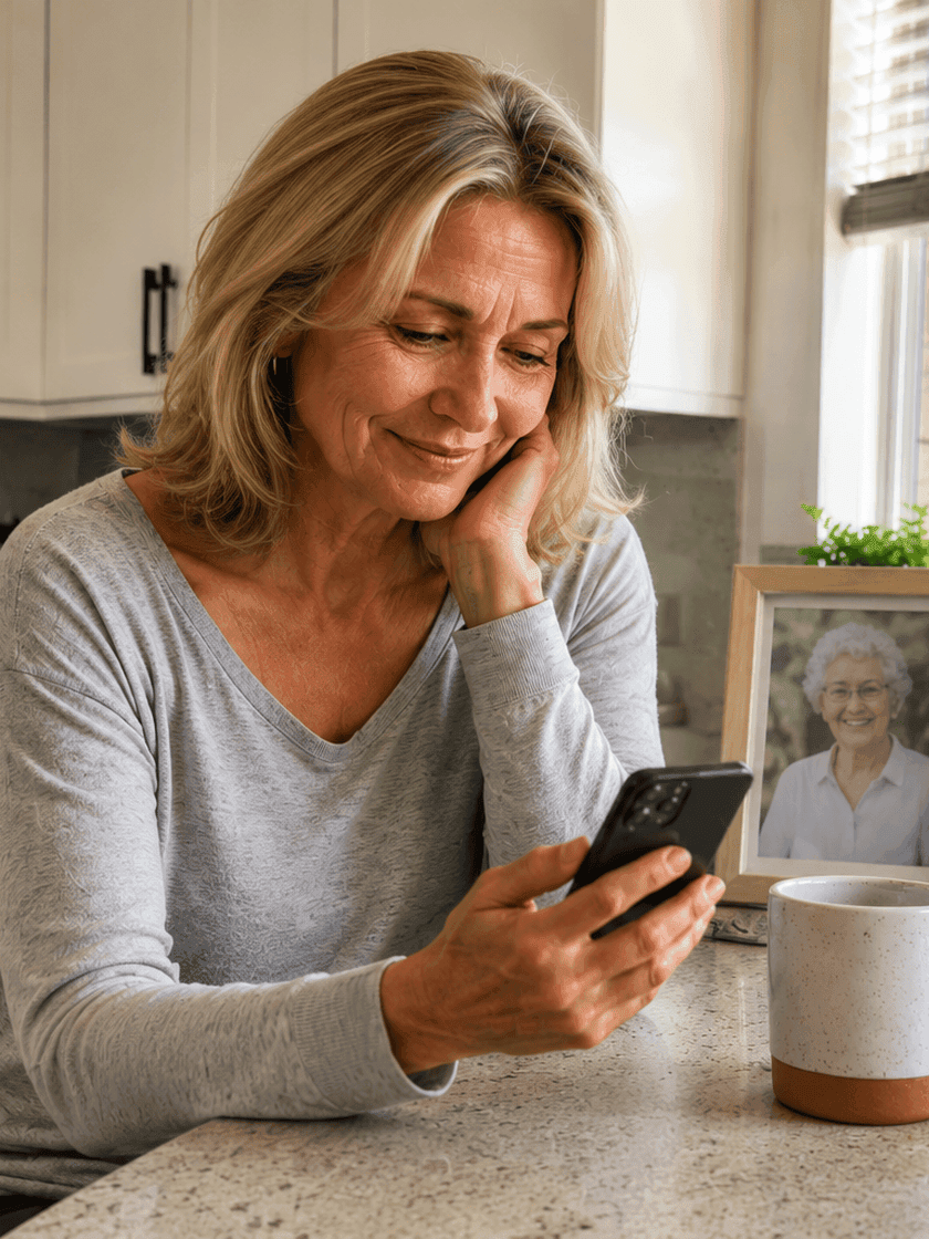 A woman smiling at her phone in her kitchen, with a framed photo of her mother visible on the counter beside her