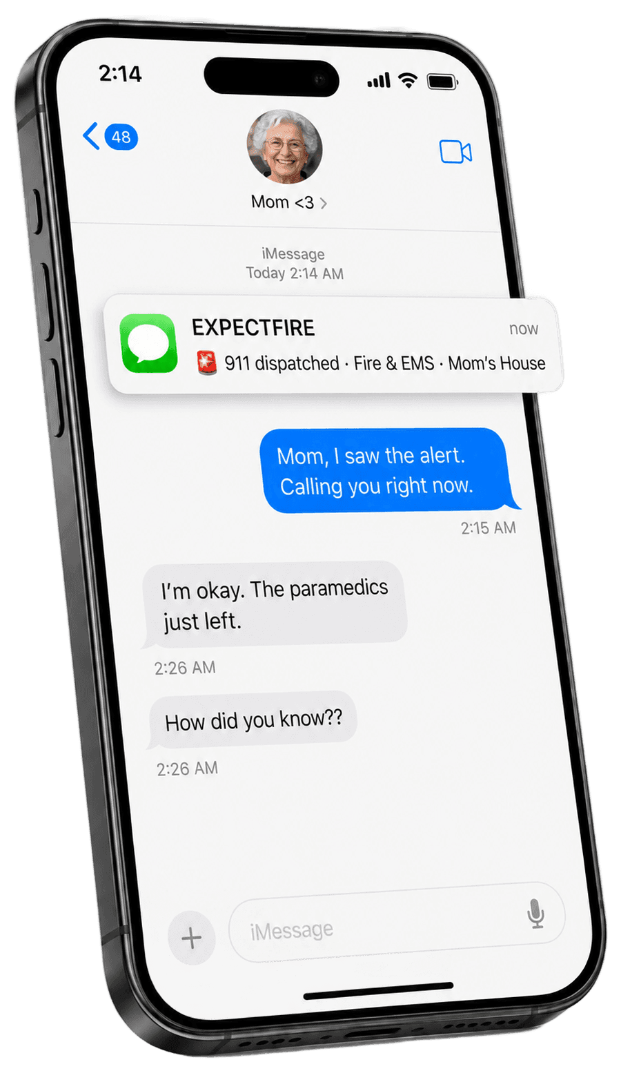 ExpectFire alert notification on an iPhone lock screen, showing a text conversation where the visitor tells their mom they saw the alert and are already calling, and she confirms paramedics just left